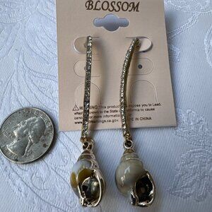Blossom 2 3/4" Long Shell Rhinestone Goldtone Earrings Party Wedding Cruise NEW